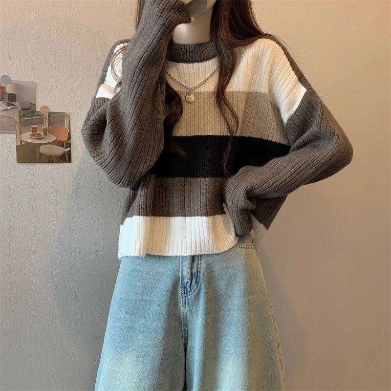 Drop Shoulder Round Neck Striped Crop Sweater Product Image