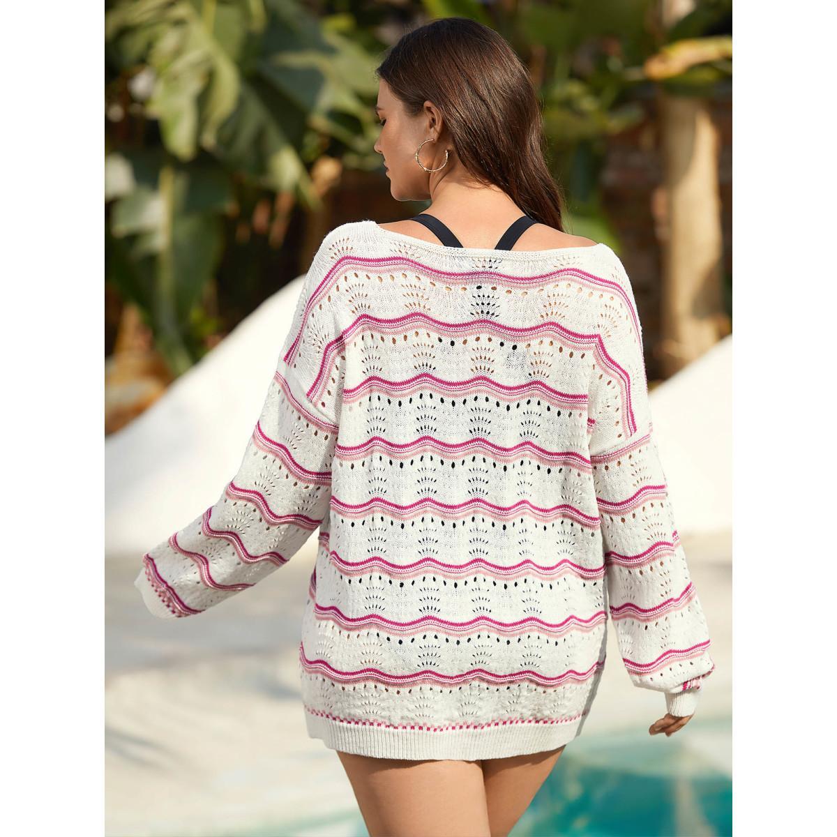 Plus Size Wavy Print Eyelet Lace Knit Swim Cover-Up Women's Swimwear Ivory Beach Loose Texture Curve Swim Cover Ups BloomChic 14-16/1X Product Image