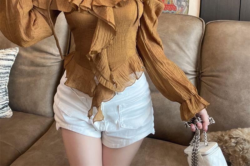 Set: Long-Sleeve Off-Shoulder Plain Asymmetrical Ruffle Trim Crop Blouse + Floral Choker Product Image