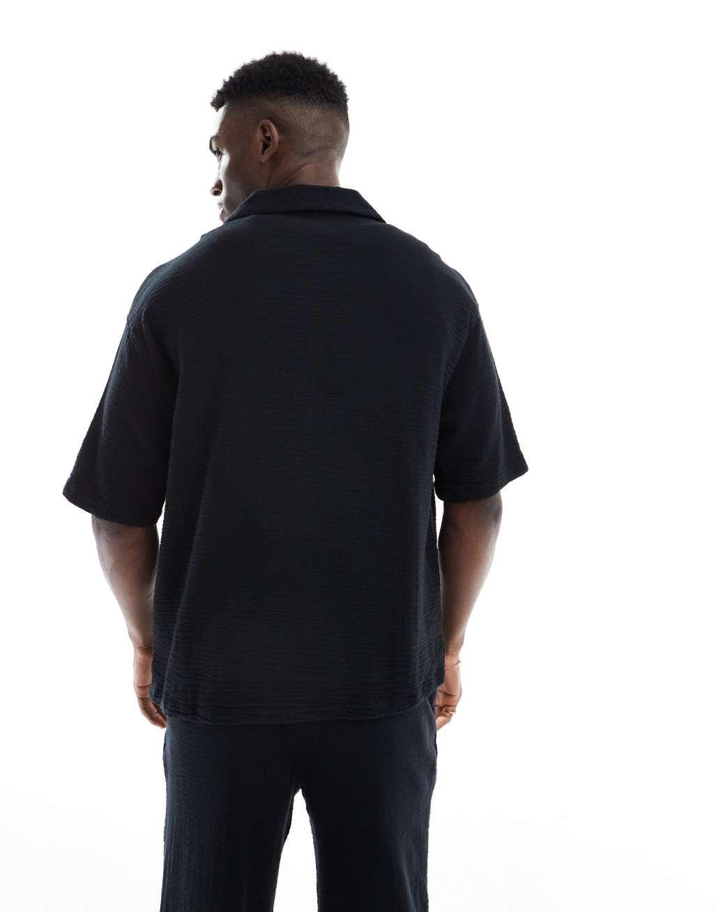 Bershka textured camp collar shirt in black - part of a set Product Image