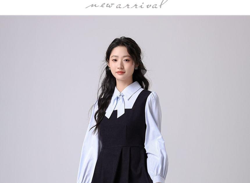 Long-Sleeve Collared Mock Two-Piece Striped Panel Pleated Midi A-Line Dress Product Image