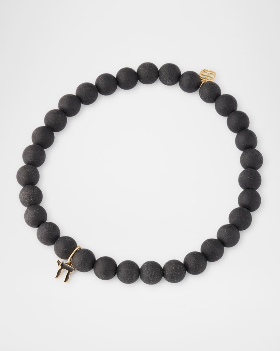Mens Black Onyx Beaded Bracelet with 14K Gold Enamel Chai Charm Product Image