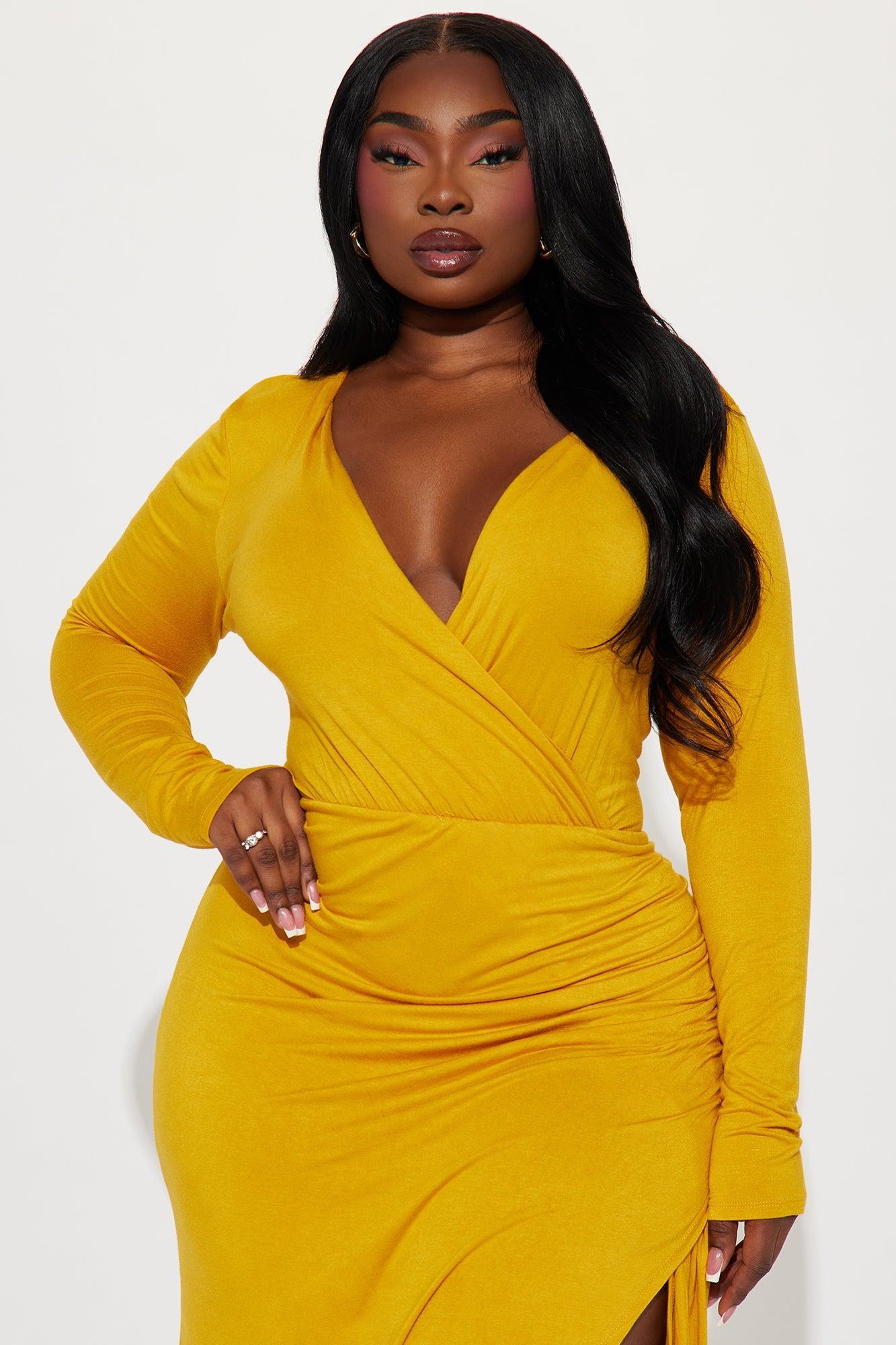 Claire Ruched Midi Dress - Mustard Product Image