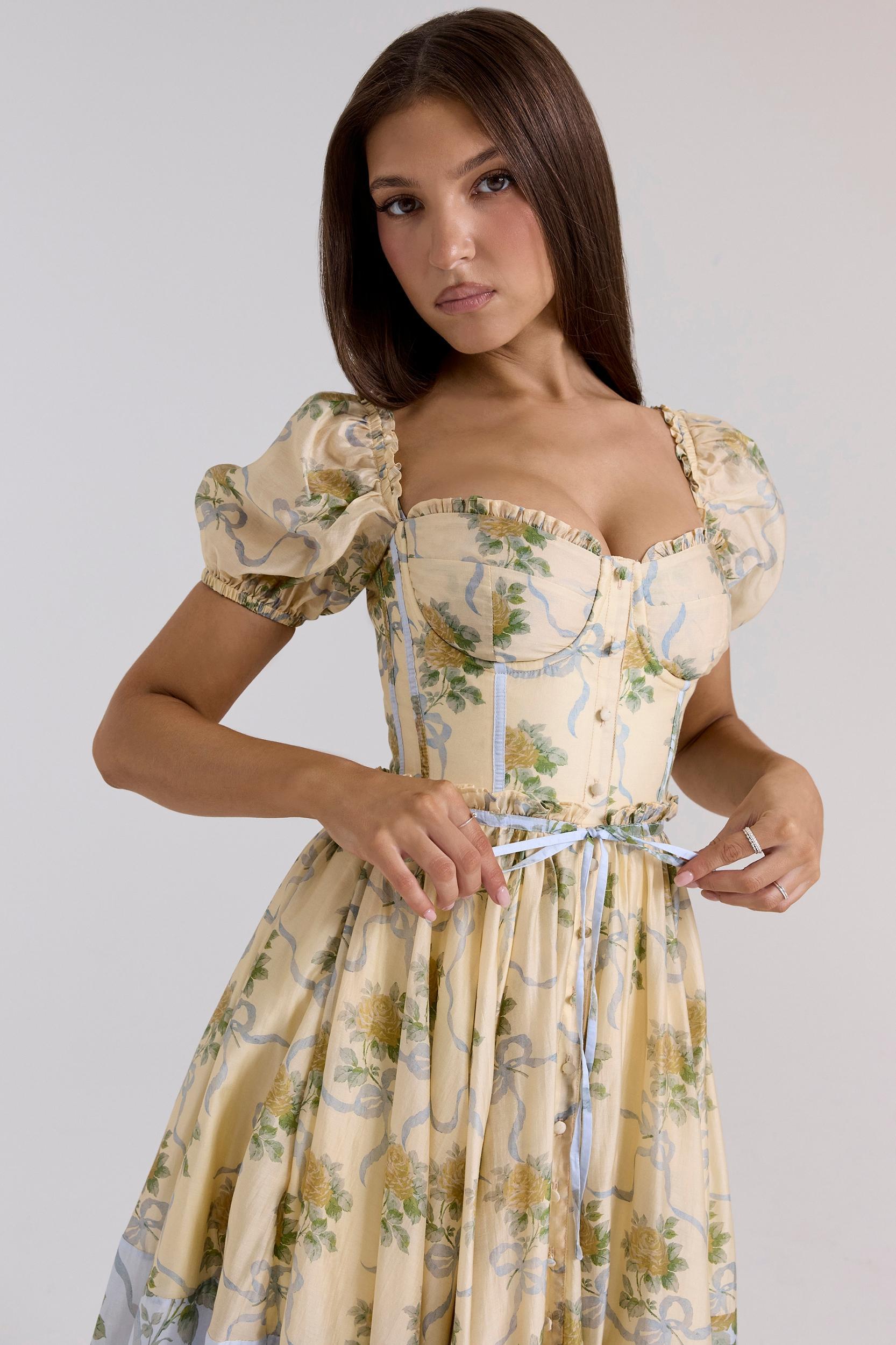 Penelope  lemon vintage rose chiffon midi dress Product Image