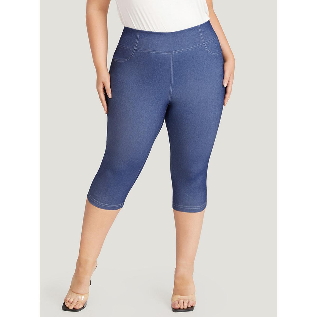 Plus Size Solid Stitch Wideband Waist High Rise Leggings Women Blue Casual High stretch Skinny High Rise Dailywear Leggings BloomChic 22-24/3X Product Image