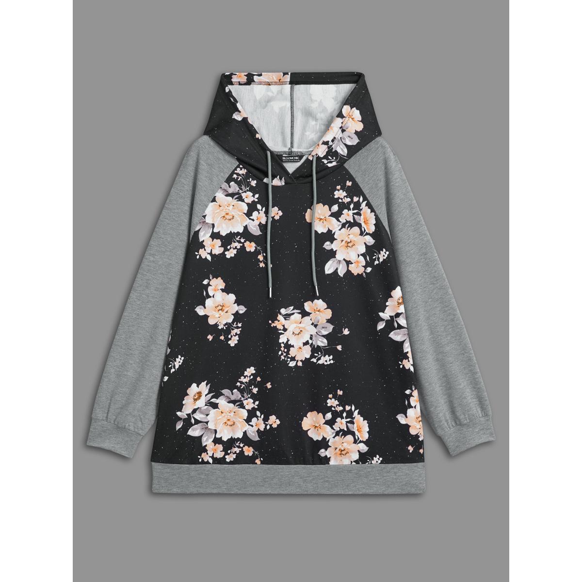 Plus Size Floral Patchwork Hooded Drawstring Sweatshirt Women DarkGray Casual Contrast Hooded Everyday Sweatshirts BloomChic 30/6X Product Image