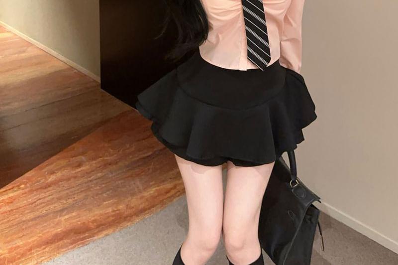 Long Sleeve Collared Plain Ruched Shirt / Necktie / Name Badge / High Waist Plain Ruffle Mini A-Line Skort / Set Product Image