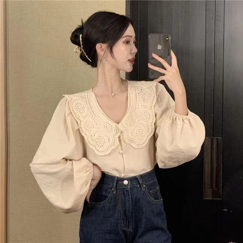 Long-Sleeve Eyelet Lace Collar Plain Blouse Product Image
