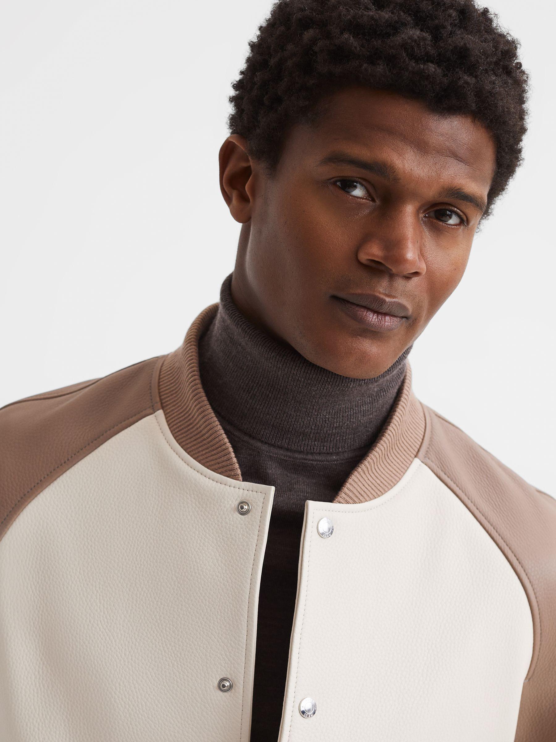 Leather Bomber Jacket in Ecru/Taupe Product Image