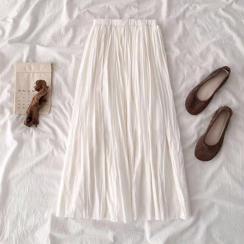 High Waist Plain Crinkle Midi A-Line Skirt Product Image