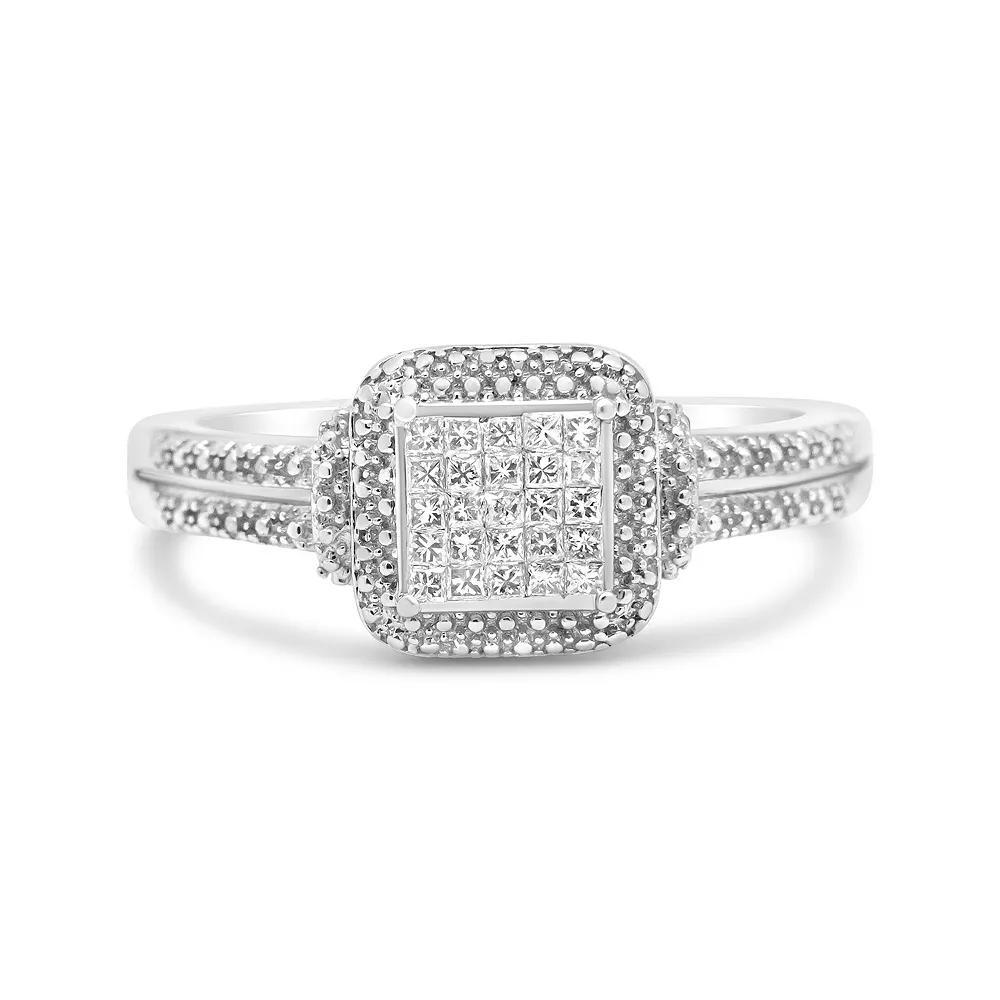 Haus of Brilliance Sterling Silver 1/4 Carat T.W. Princess-Cut Diamond Composite Halo Ring, Women's, Size: 11 Product Image