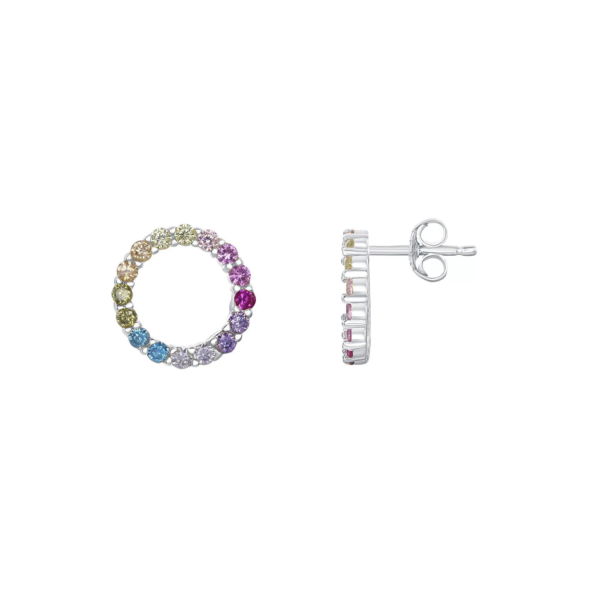 Sterling Silver Rainbow Cubic Zirconia Circle Stud Earrings, Womens Product Image