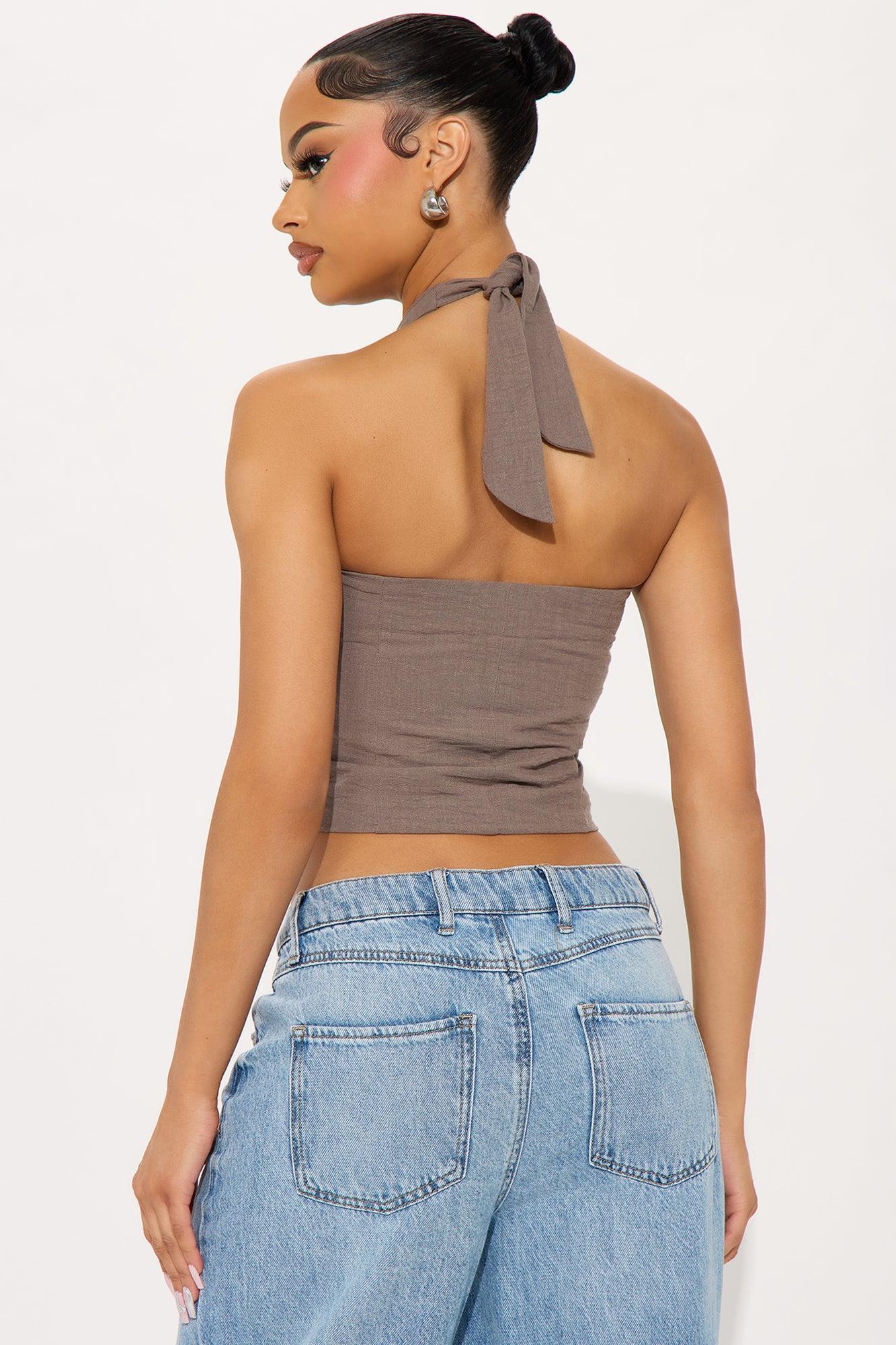 Catch A Break Linen Halter Top - Mocha Female Product Image