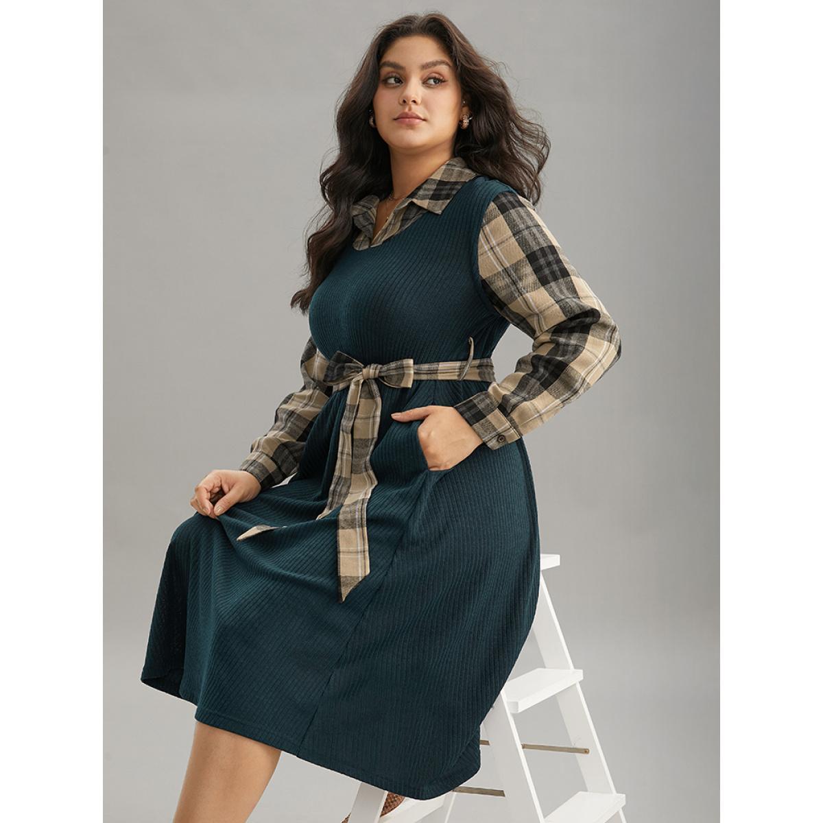 Plus Size Plaid Patchwork Rib Knit Shirt Collar Belted Dress DarkGreen Women Office Printed Shirt collar Long Sleeve Curvy Midi Dress BloomChic 22-24/3X Product Image