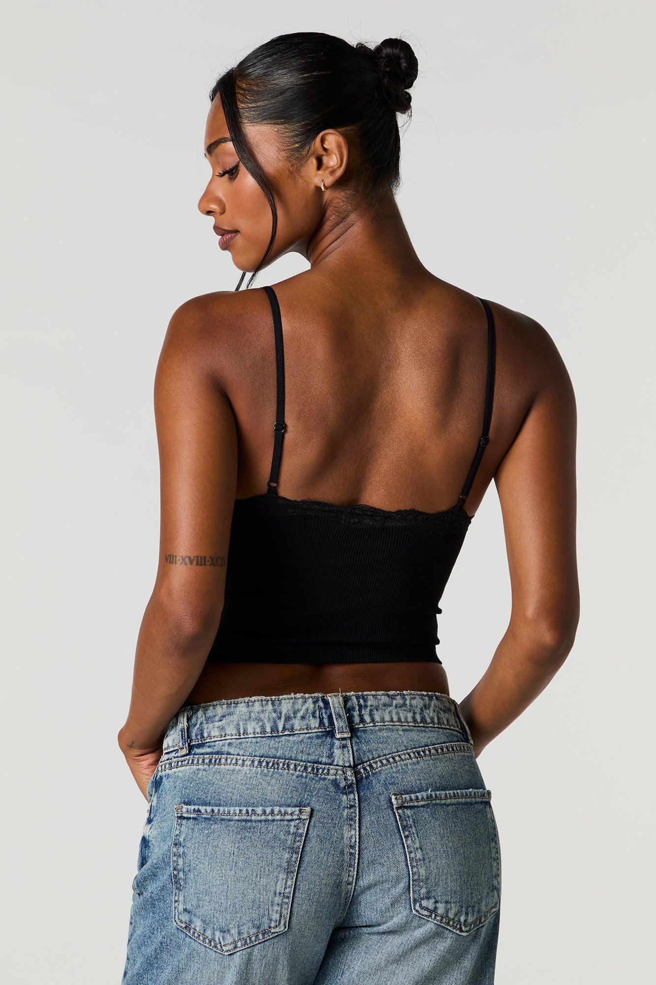 Seamless Ribbed Lace Trim Cami with Built-In Bra Cups Female Product Image