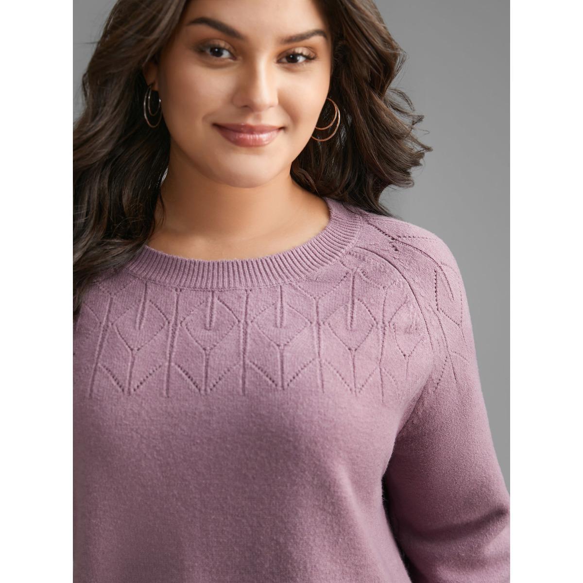 Plus Size Supersoft Essentials Solid Pointelle Knit Pullover Lilac Women Casual Loose Long Sleeve Round Neck Everyday Pullovers BloomChic 18-20/2X Product Image