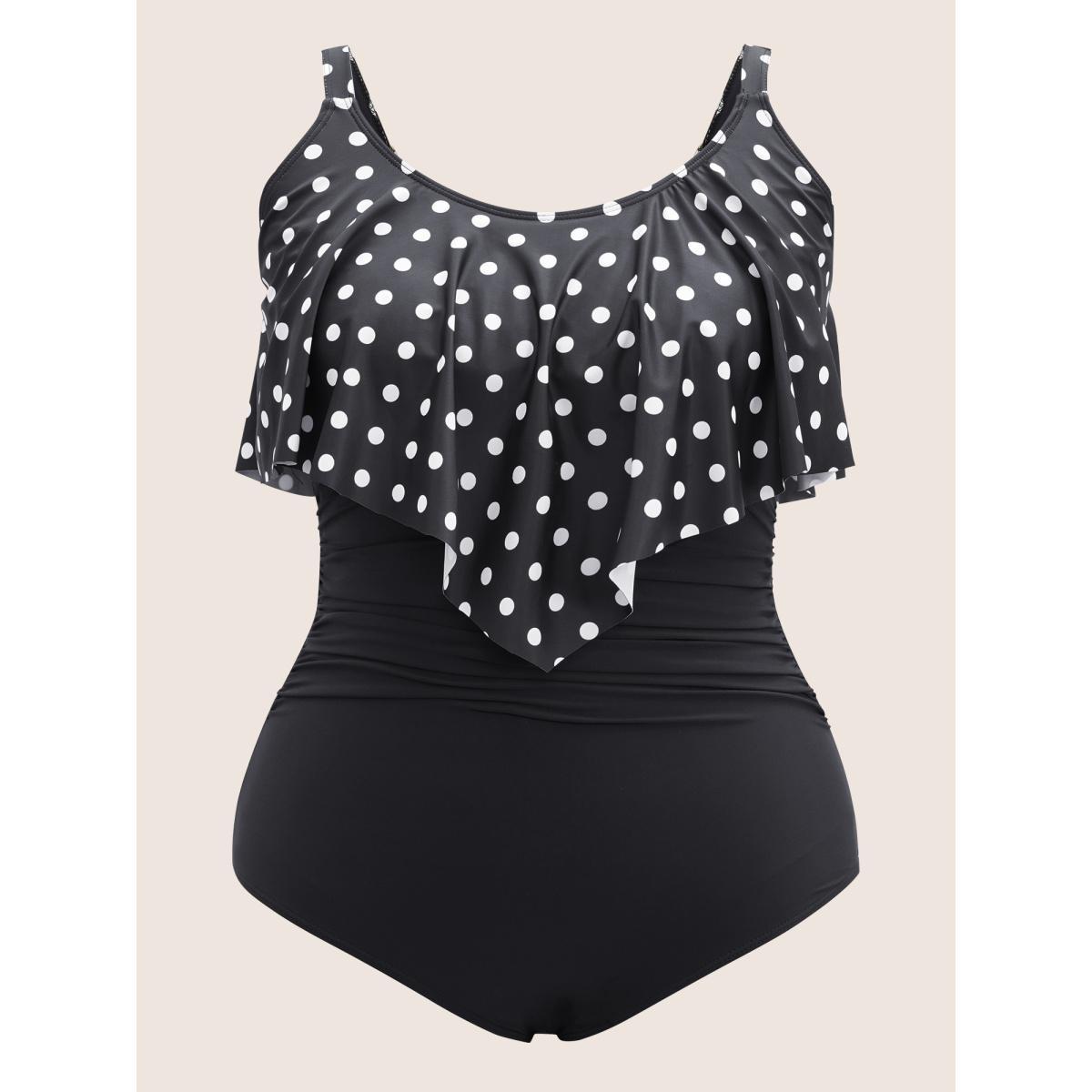 Plus Size Polka Dot Patchwork Ruffles Gathered One Piece Swimsuit Women's Swimwear Black Beach Non Curve Bathing Suits High stretch One Pieces BloomChic 22-24/3X Product Image