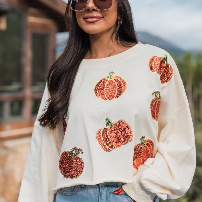 Pumpkin Spice Please Ivory Sequin Patch Sweatshirt FINAL SALE Product Image