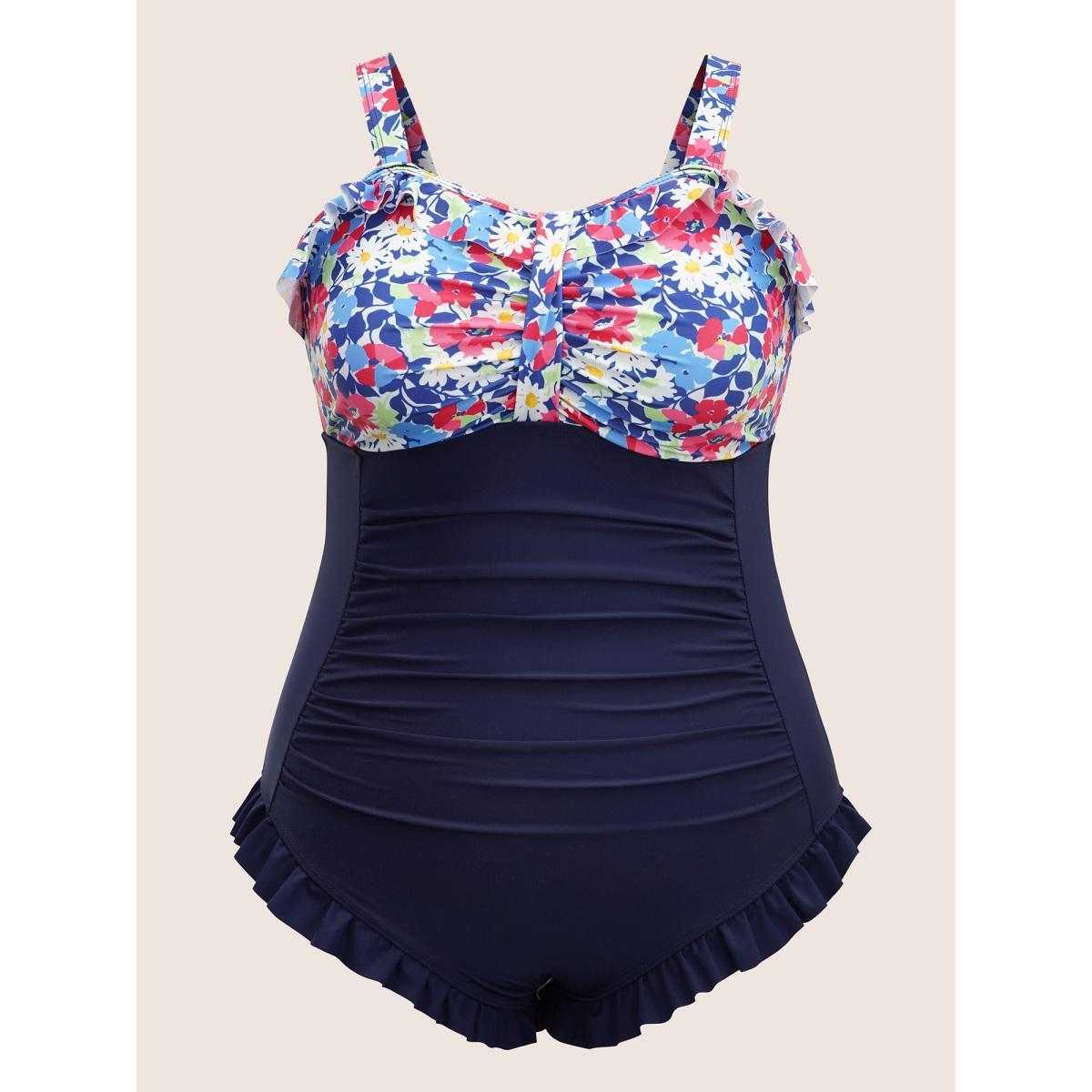 Plus Size Ditsy Floral Patchwork Ruffles Gathered One Piece Swimsuit Women's Swimwear Midnight Beach Non Curve Bathing Suits High stretch One Pieces BloomChic 22-24/3X Product Image
