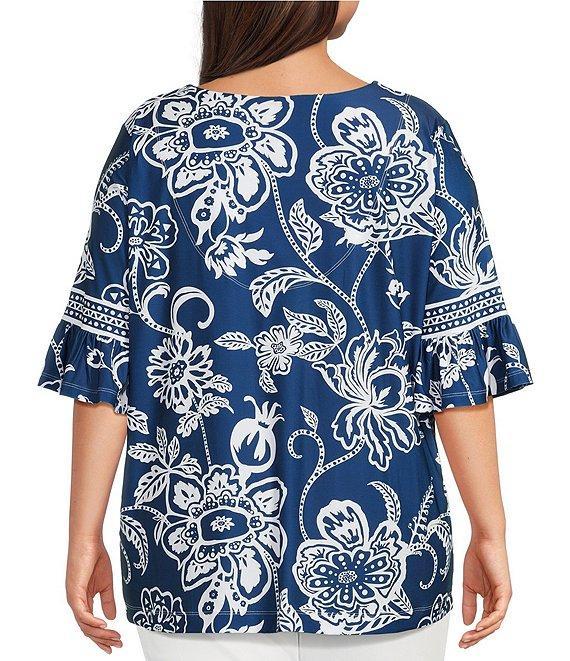 Ali Miles Plus Size Floral U-Shaped Neck Elbow Sleeve Tunic Product Image