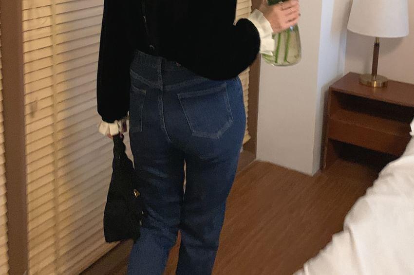 Long Sleeve Collared Two Tone Pleated Panel Velvet Blouse Product Image