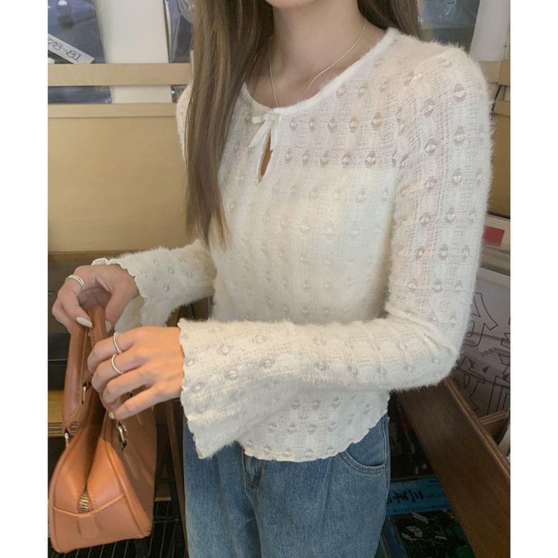 Long-Sleeve Round Neck Patterned Blouse Product Image