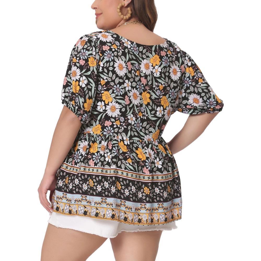 Agnes Orinda Women's Plus Size Boho Floral Print V Neck Short Sleeve Summer Peplum Blouses Product Image