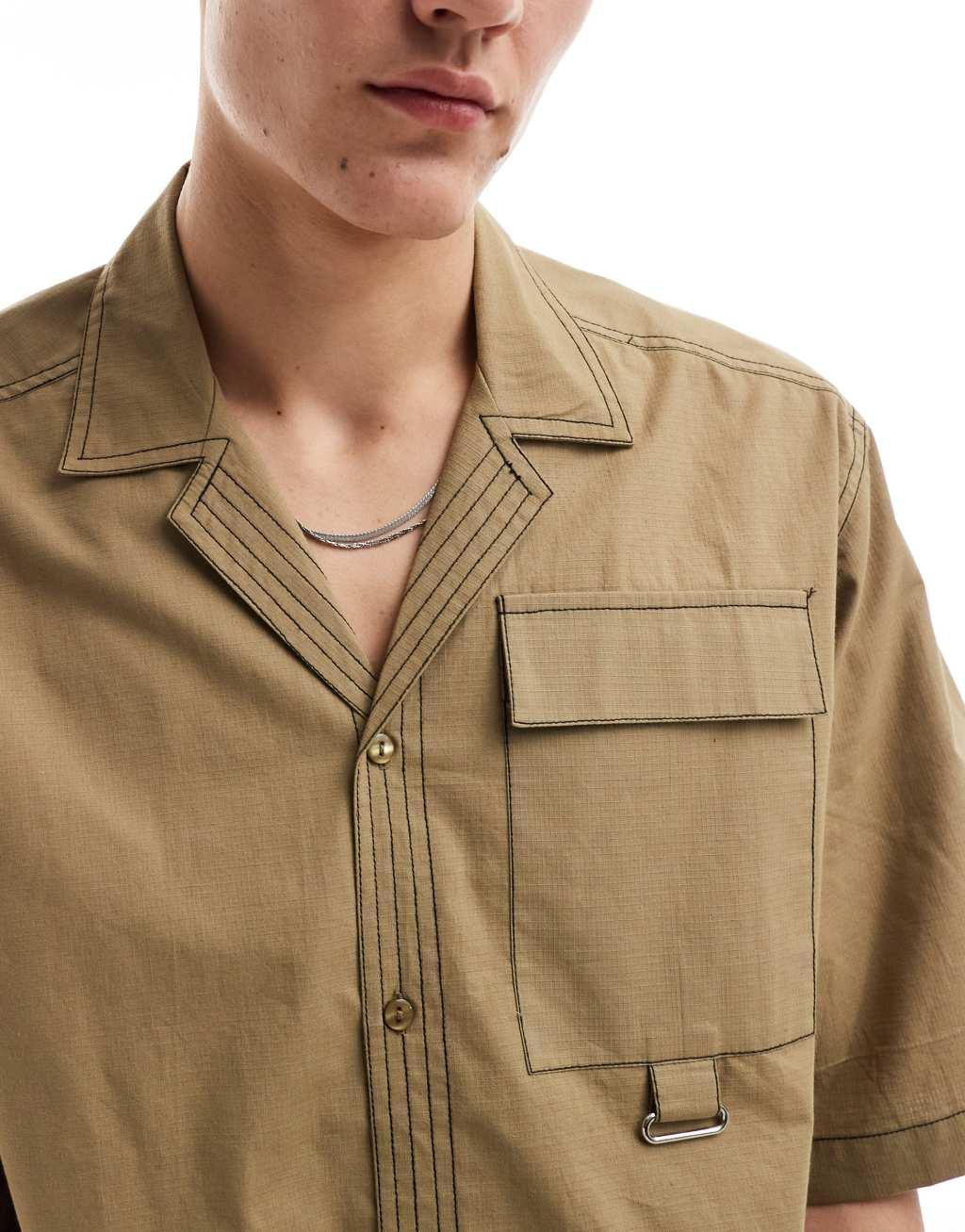 COLLUSION ripstop boxy revere shirt with contrast stitch in khaki - part of a set Product Image