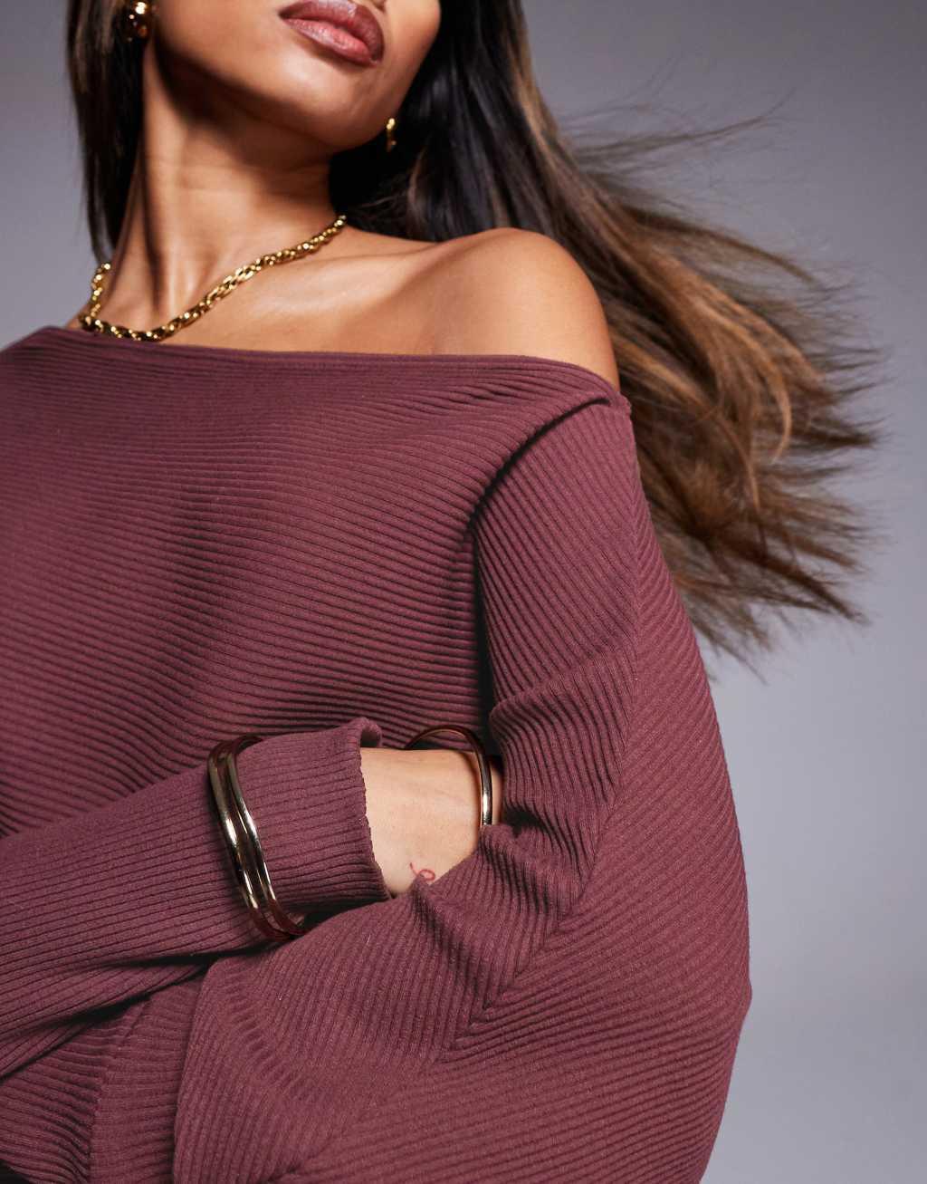 ASOS DESIGN supersoft ribbed dropped shoulder mini dress in burgundy Product Image