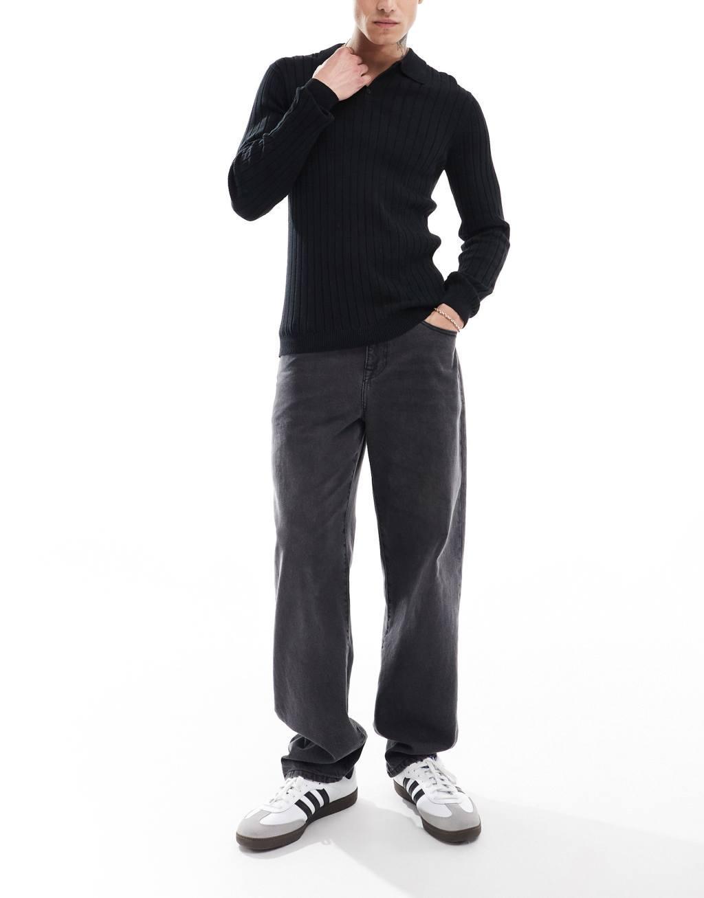 ASOS DESIGN essential muscle fit knitted rib polo neck sweater in black Product Image