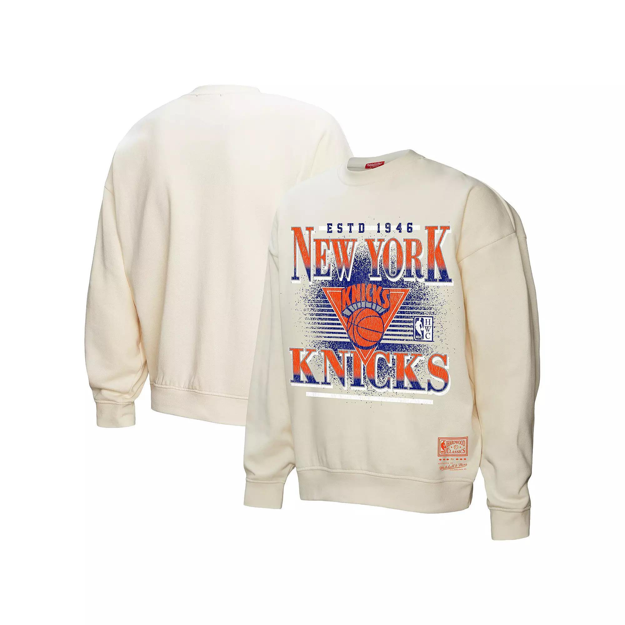 Women's Mitchell & Ness Cream New York Knicks Oversprayed Pullover Sweatshirt, Size: 2XL, Beige Product Image
