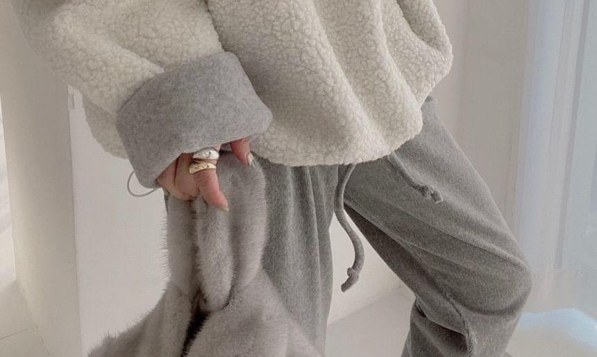 Round Neck Letter Embroidered Faux Shearling Oversized Sweatshirt Product Image