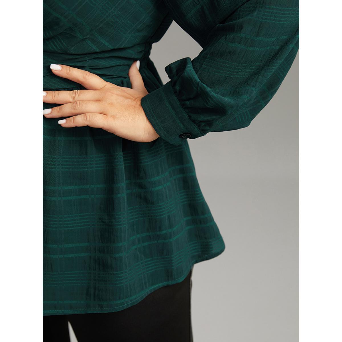 Plus Size DarkGreen Plaid Wrap Ruched Lantern Sleeve Blouse Women Office Long Sleeve V-neck Work Blouses BloomChic 10/M Product Image