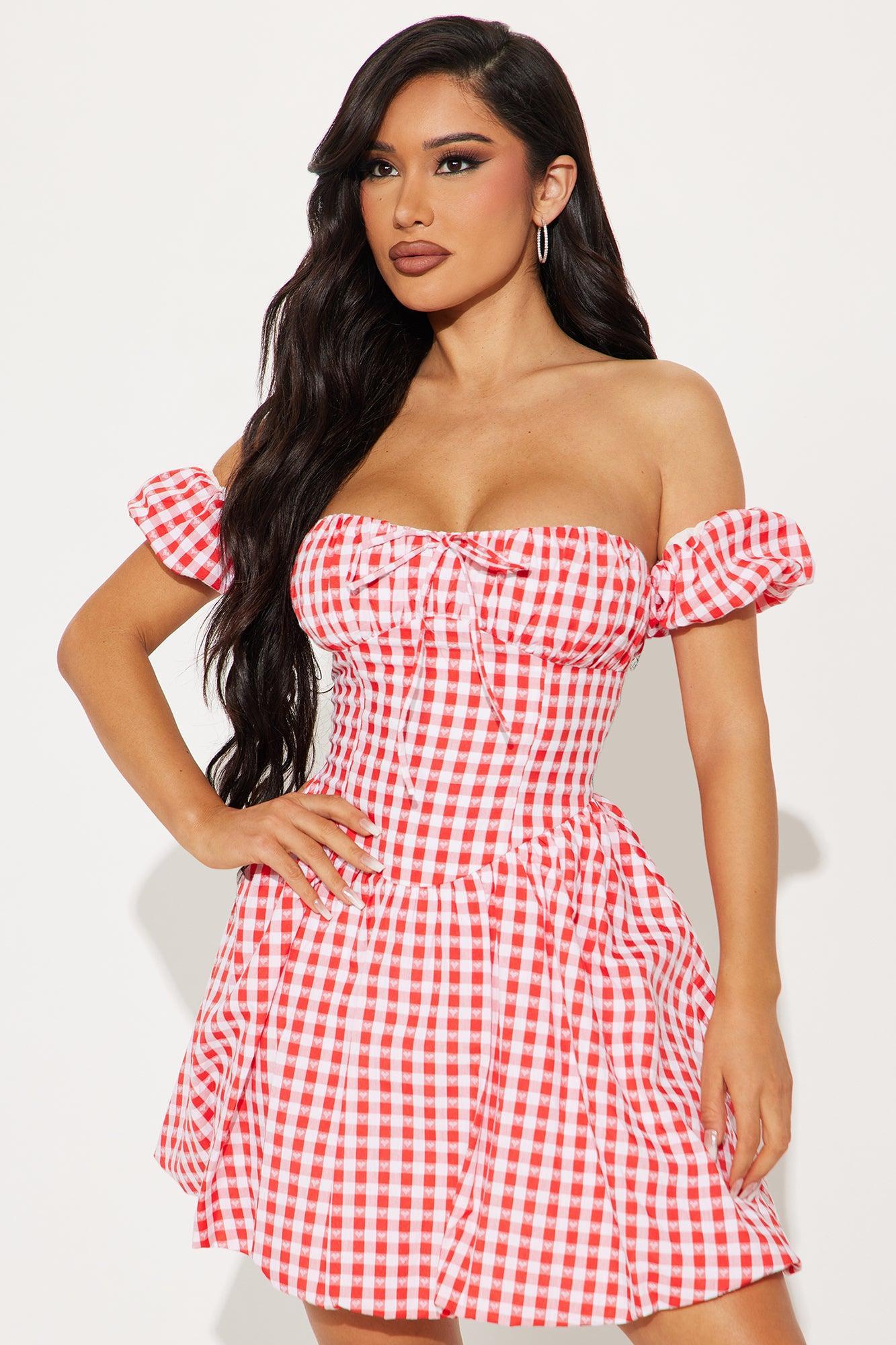 Sweetheart Gingham Bubble Mini Dress - Red Product Image