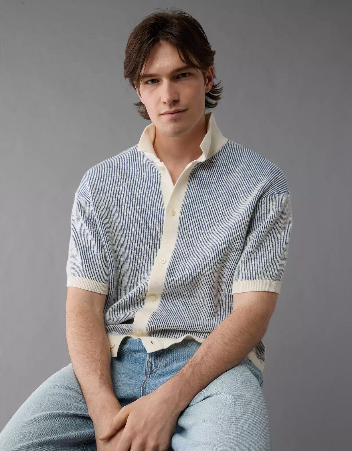 AE Weekend Striped Button-Up Sweater Polo Shirt Product Image