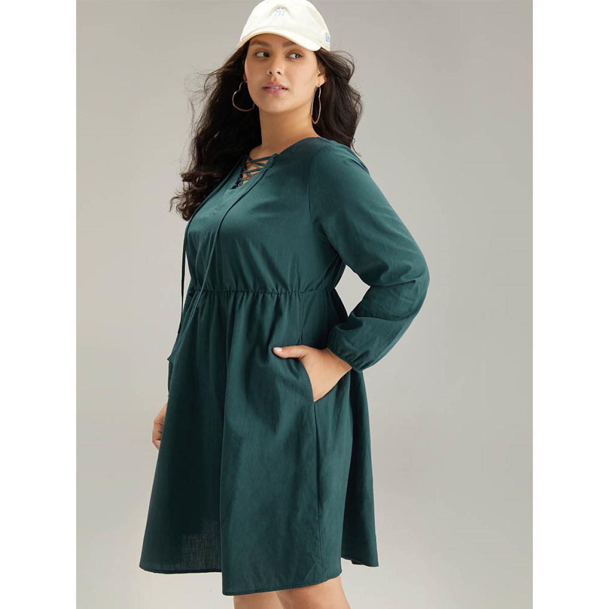 Plus Size Cotton Solid Lace Up Elastic Waist Dress DarkGreen Women Casual Elastic cuffs Tie Neck Long Sleeve Curvy Midi Dress BloomChic 14-16/1X Product Image