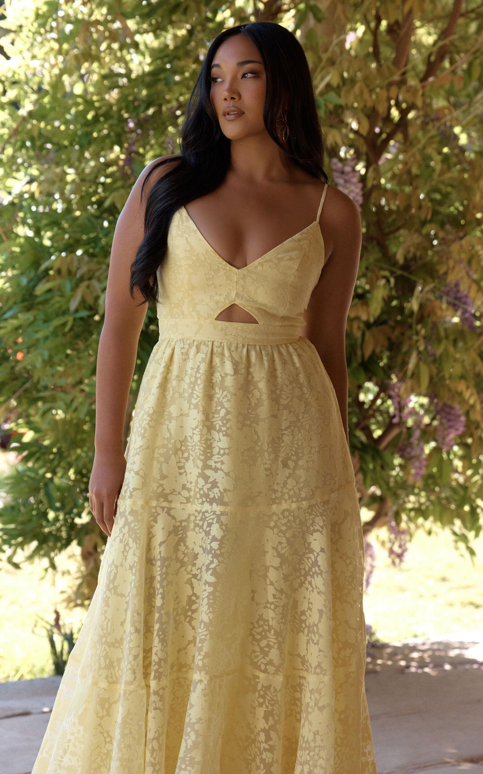 Jorie Midi Dress - Strappy Front Cut Out Tiered Skirt in Pastel Yellow Product Image