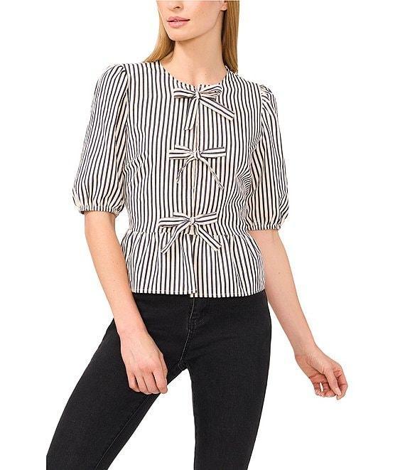 CeCe Coordinating Woven Striped Crew Neck Short Puff Sleeve Tie Peplum Top Product Image