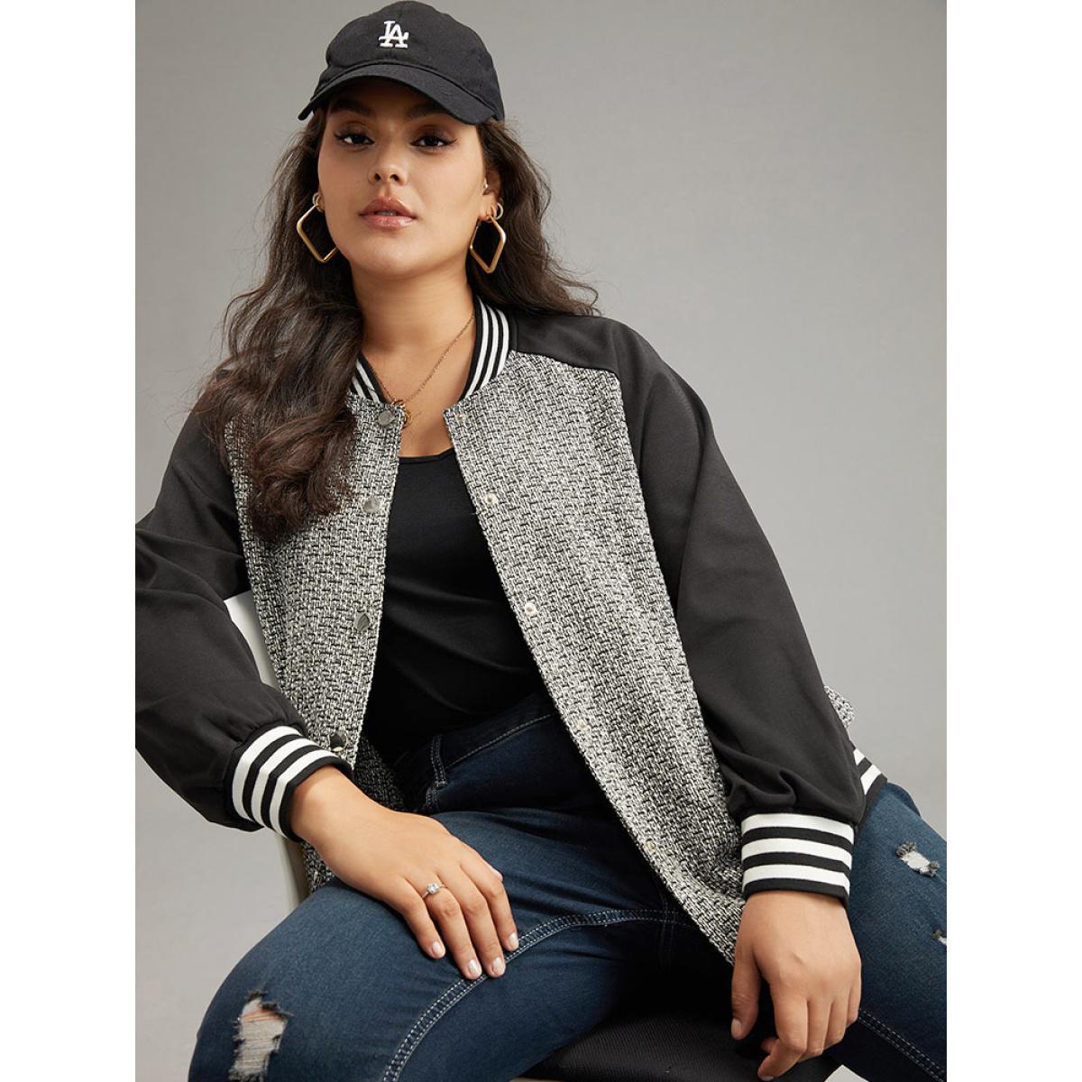 Plus Size Texture Patchwork Contrast Striped Button Up Jacket Women Black Elastic cuffs Pocket Everyday Jackets BloomChic 30/6X Product Image