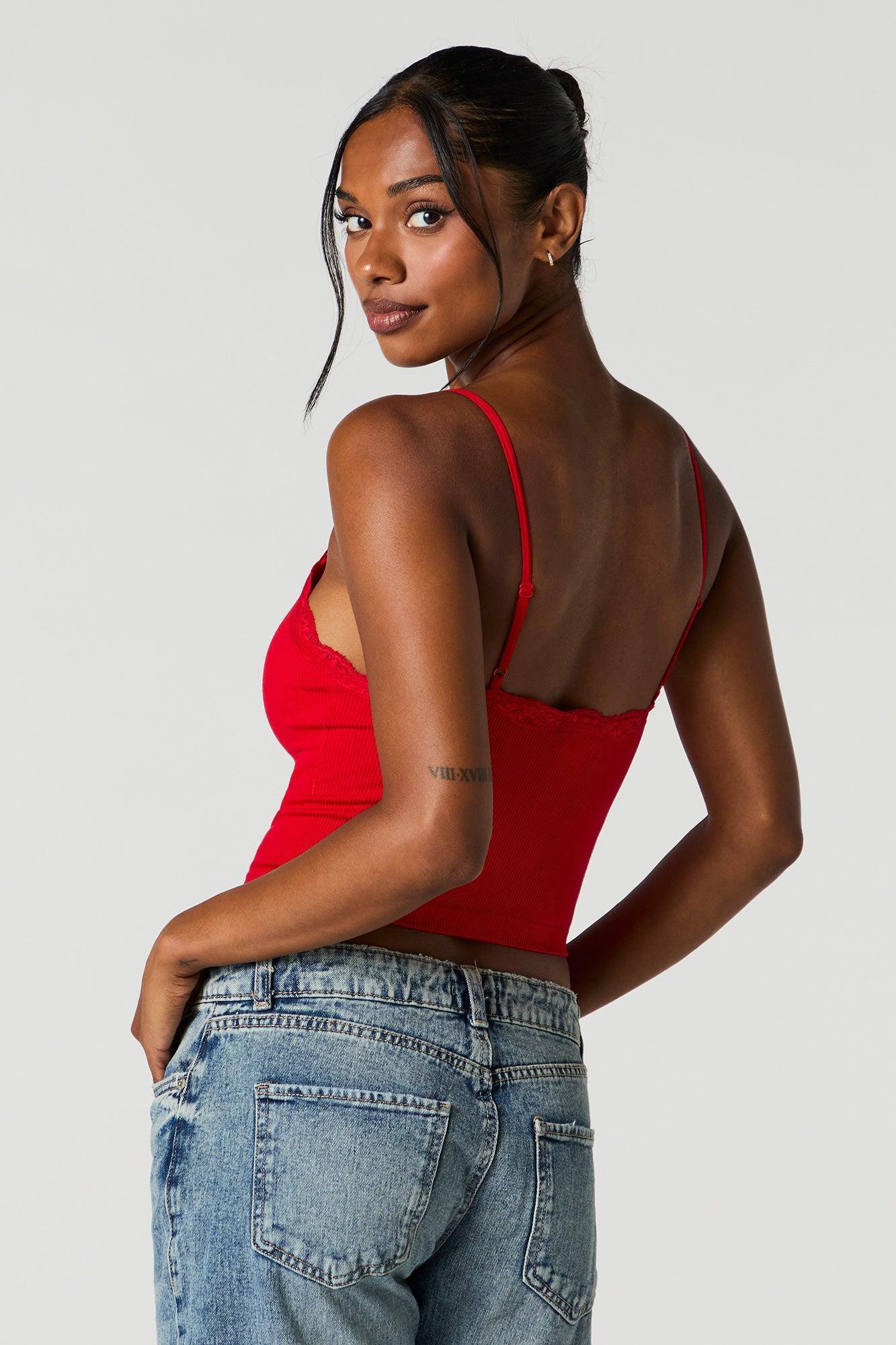 Seamless Ribbed Lace Trim Cami with Built-In Bra Cups Female Product Image