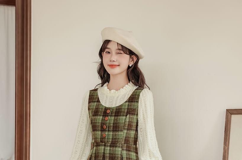 Long Sleeve Round Neck Plaid Mock Two Piece Frill Button Midi A-Line Dress Product Image