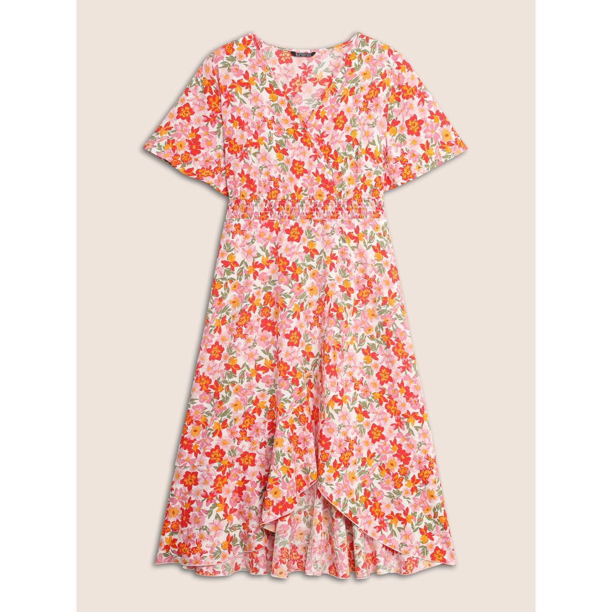 Plus Size Floral Shirred Wrap Hem Ruffle Sleeve Midi Dress Blush Women Elegant Shirred Overlap Collar Short sleeve Curvy BloomChic 26/4X Product Image