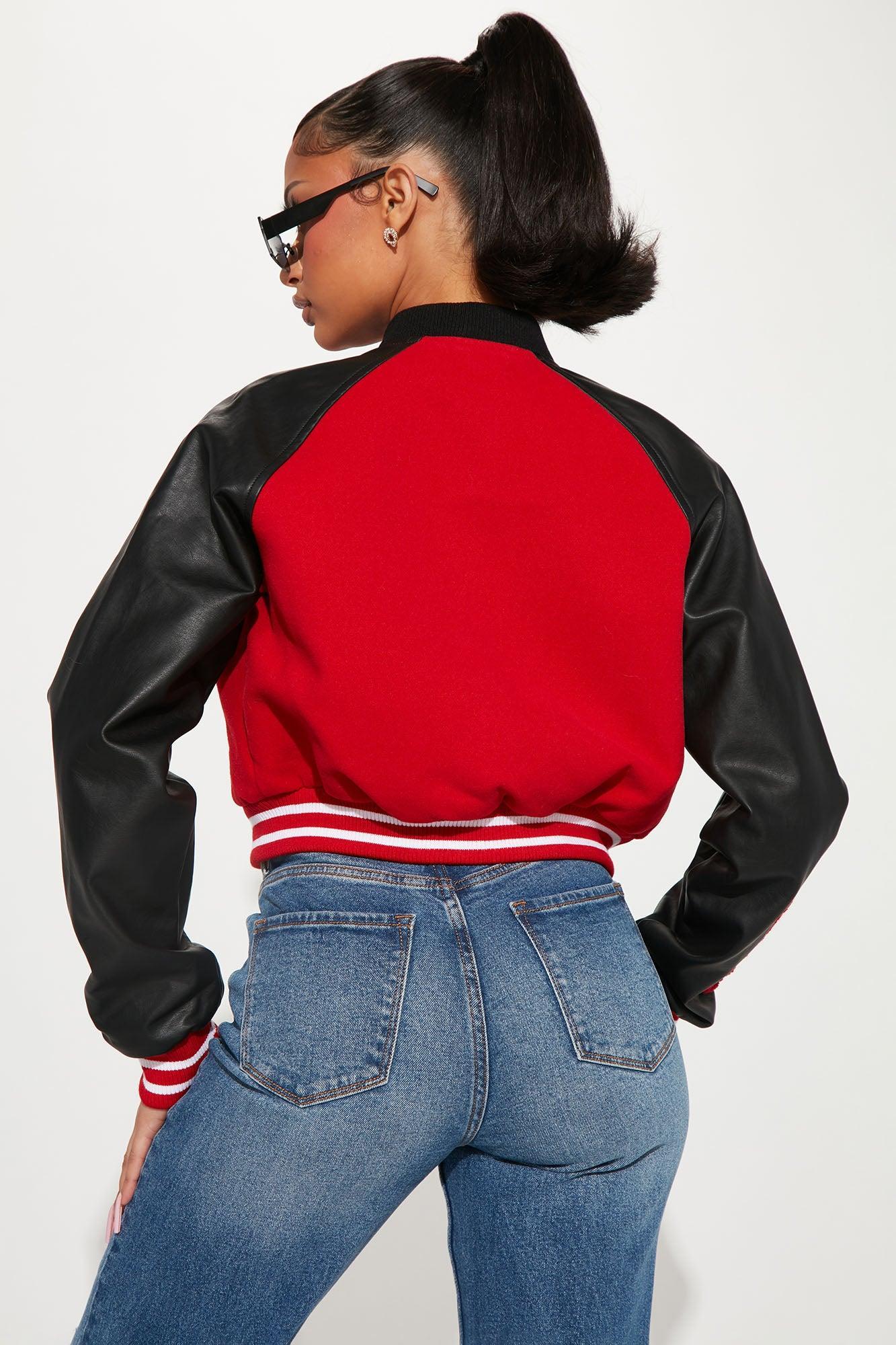 Bulls Cropped Letterman Jacket - Red/Black Product Image