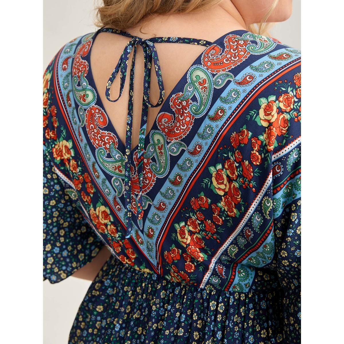 Plus Size Rayon Backless Pockets Midi Dress Indigo Women Resort Tie knot V-neck Elbow-length sleeve Curvy BloomChic 10/M Product Image