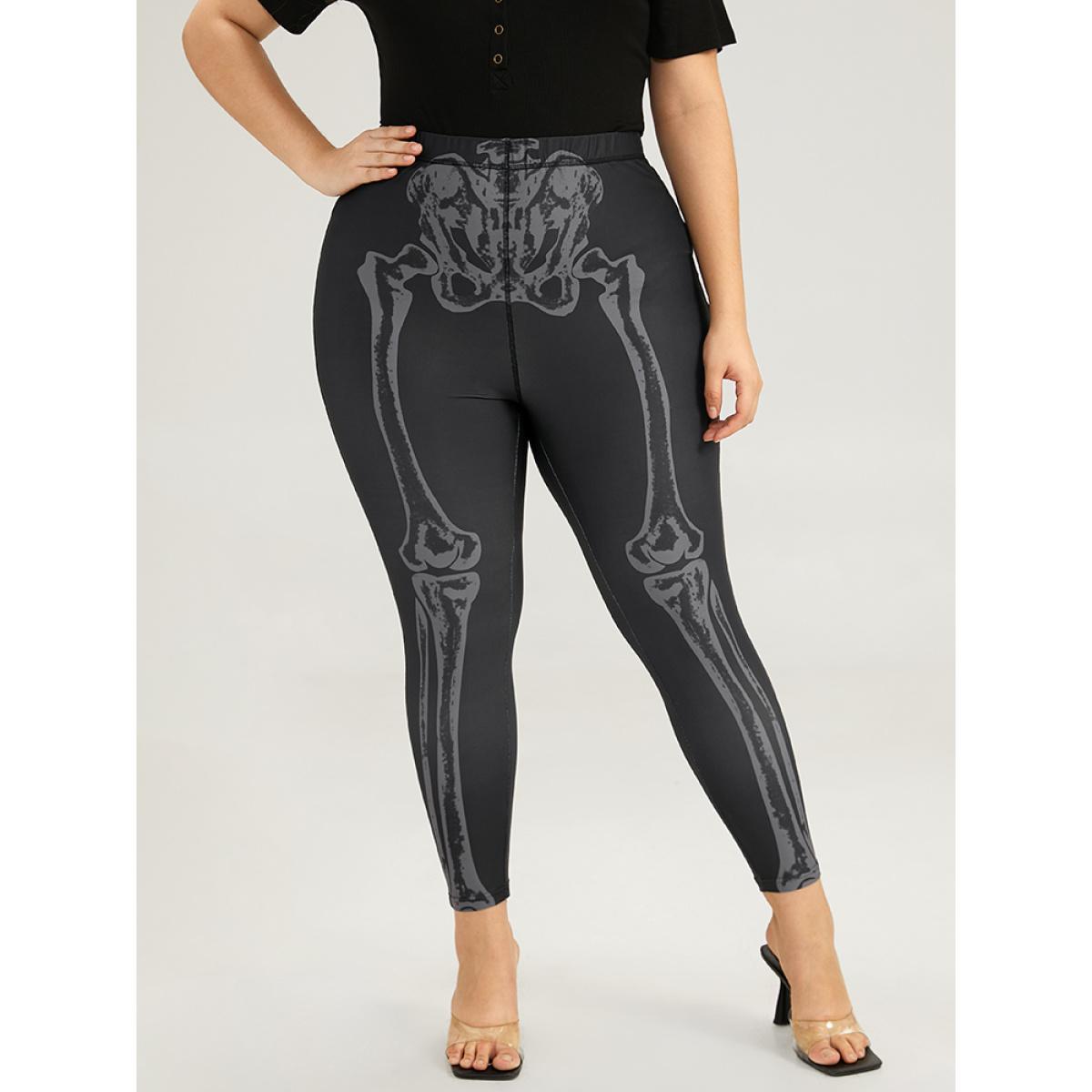 Plus Size Halloween Skull Print High Rise Skinny Leggings Women Black Elegant High stretch Skinny High Rise Festival-Halloween Leggings BloomChic 18-20/2X Product Image