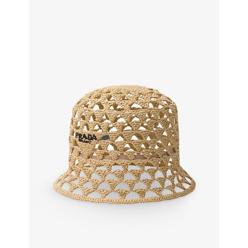 PRADA Womens  Brand-embroidered Cut-out Woven Bucket Hat In Neutral Product Image