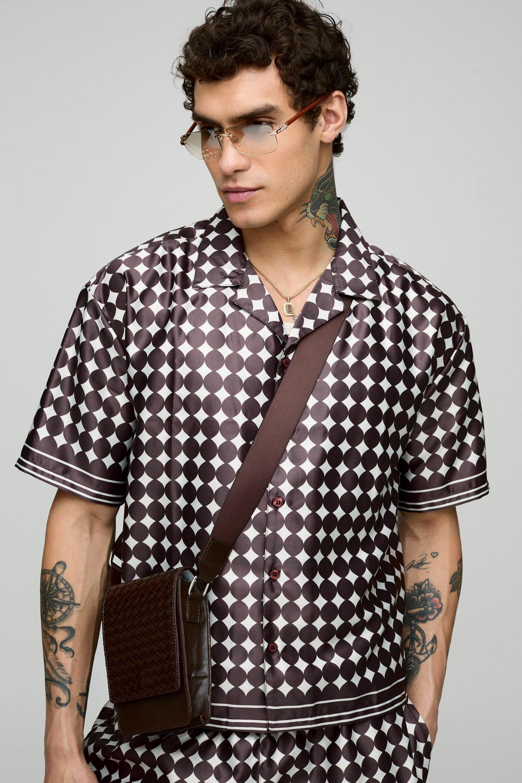 Oversized Boxy Short Sleeve Check Satin Shirt & Short Set | boohooMAN USA Product Image