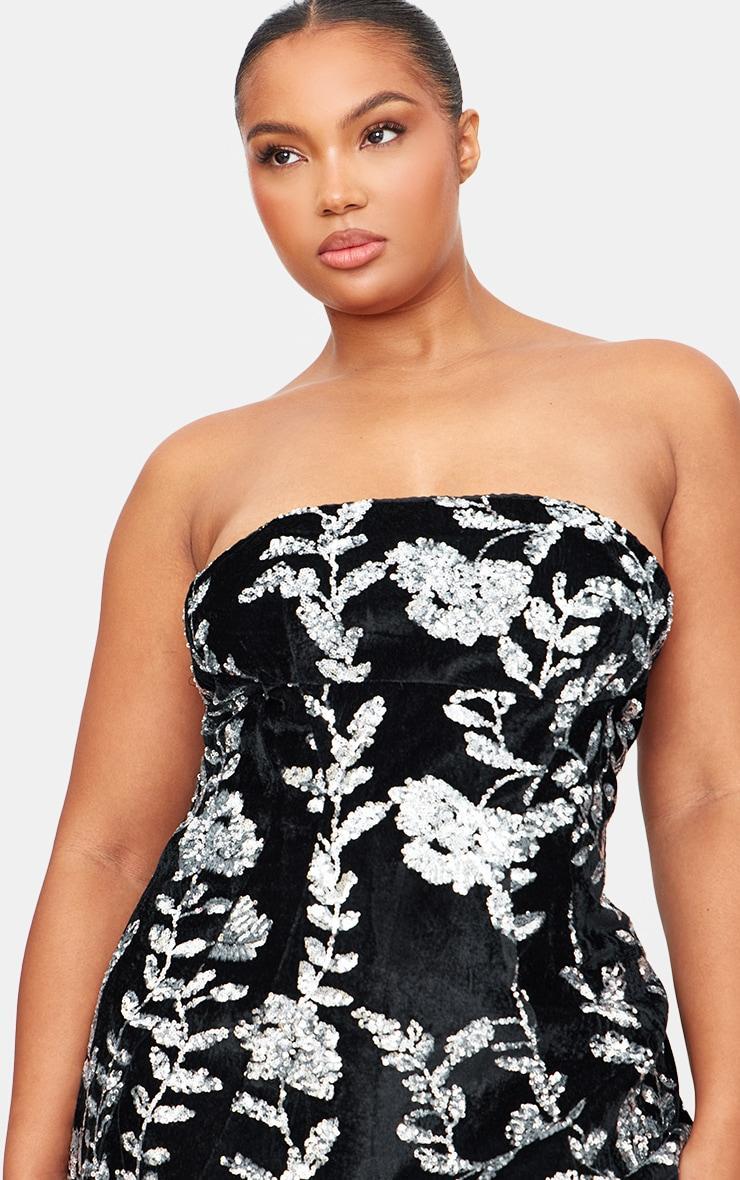 Black Velvet Floral Sequin Embellished A-line Dress Product Image