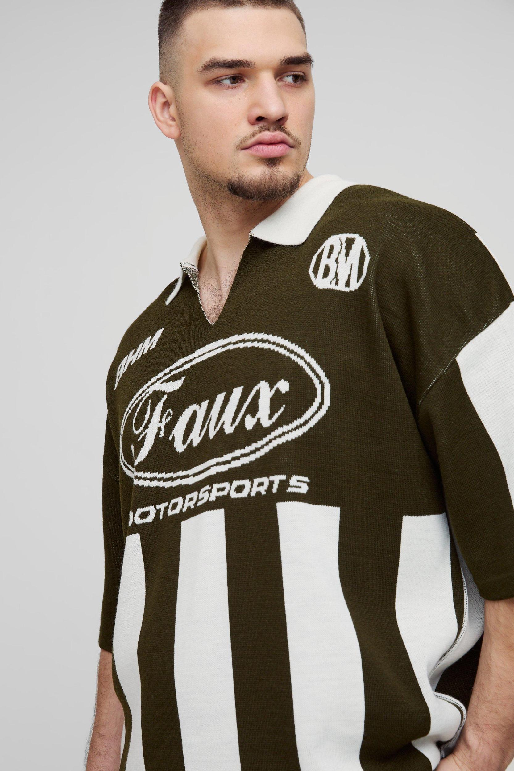 Tall Oversized Boxy Football Knitted Polo | boohooMAN USA Product Image