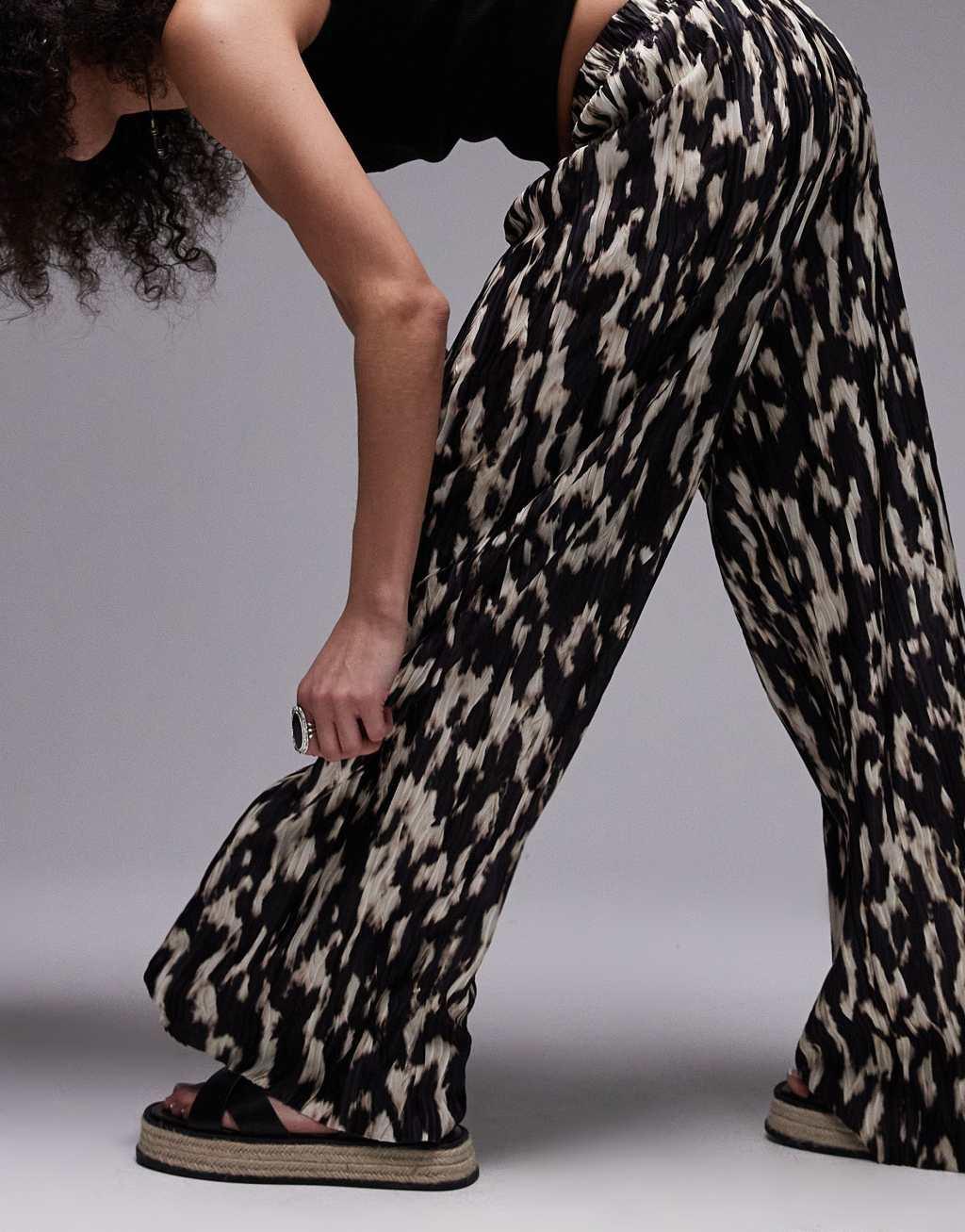 Topshop abstract leopard print plisse pants in black and white Product Image